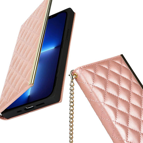 Quilted Crossbody Wallet Purse Rose Gold for Iphone 13