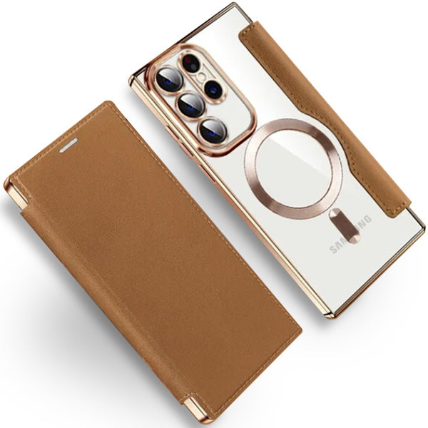Transparent Magsafe Flip Wallet Case Brown Samsung S22 Ultra