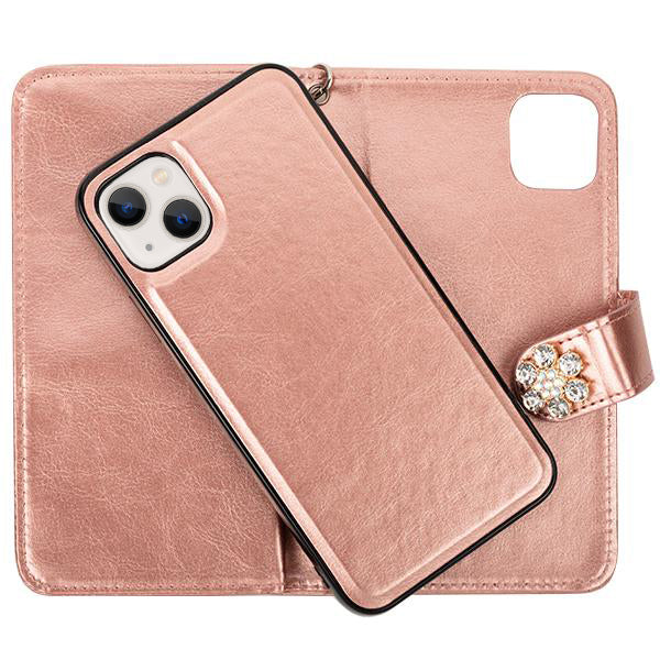 Handmade Detachable Bling Pink Flower Wallet IPhone 14 Plus