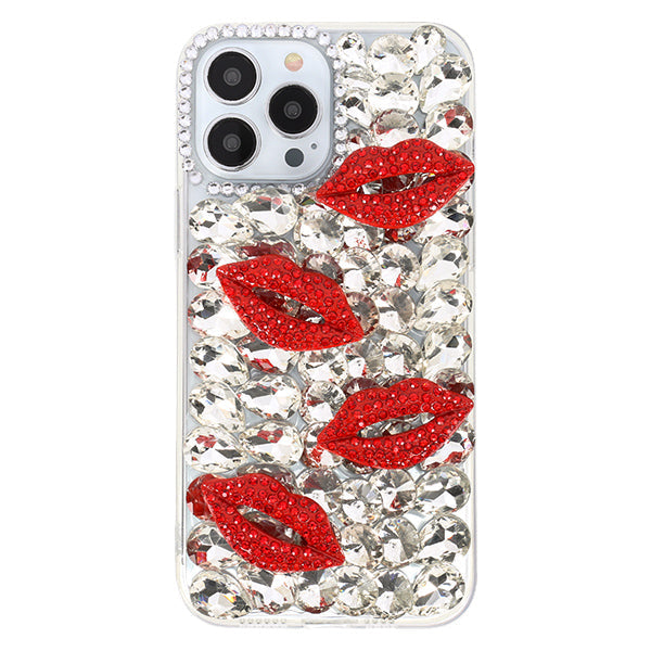 Silver Bling Red Lips Rhinestone Case Iphone 14 Pro Max