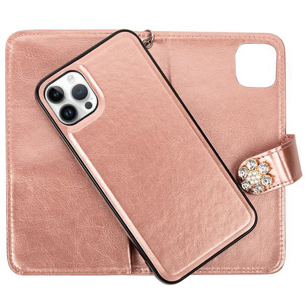 Handmade Detachable Bling Pink Flower Wallet IPhone 14 Pro