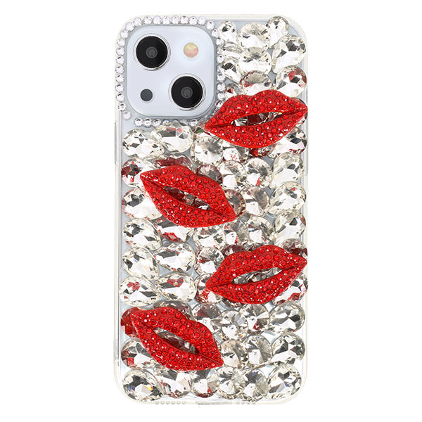 Silver Bling Red Lips Rhinestone Case Iphone 14 Plus