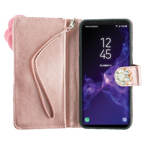 Handmade Pink Flower Bling Wallet Detachable Samsung S9