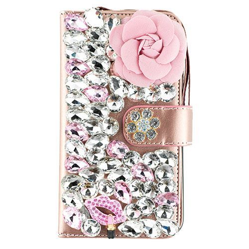 Handmade Pink Flower Bling Detachable Wallet Samsung S7