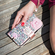Handmade Pink Flower Bling Wallet Detachable Samsung S9